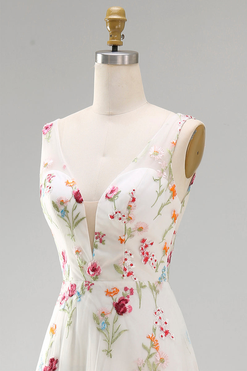 Load image into Gallery viewer, Floral Ivory V-Neck A Line Floor Length Boho Wedding Dress