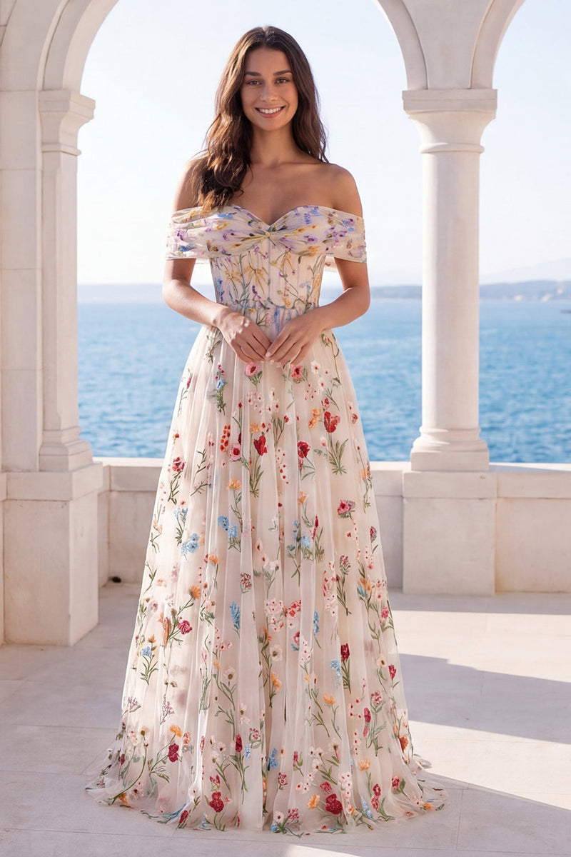 Load image into Gallery viewer, Ivory Off the Shoulder Floral Corset A Line Sweep Train Boho Wedding Dress