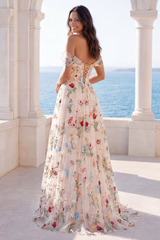 Ivory Off the Shoulder Floral Corset A Line Sweep Train Boho Wedding Dress