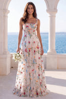 Load image into Gallery viewer, Thick Straps Ivory Floral Corset A Line Sweep Train Boho Wedding Dress