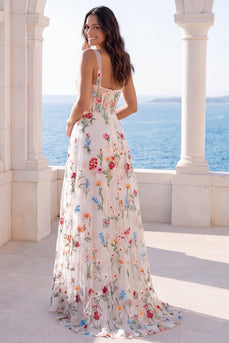 Thick Straps Ivory Floral Corset A Line Sweep Train Boho Wedding Dress