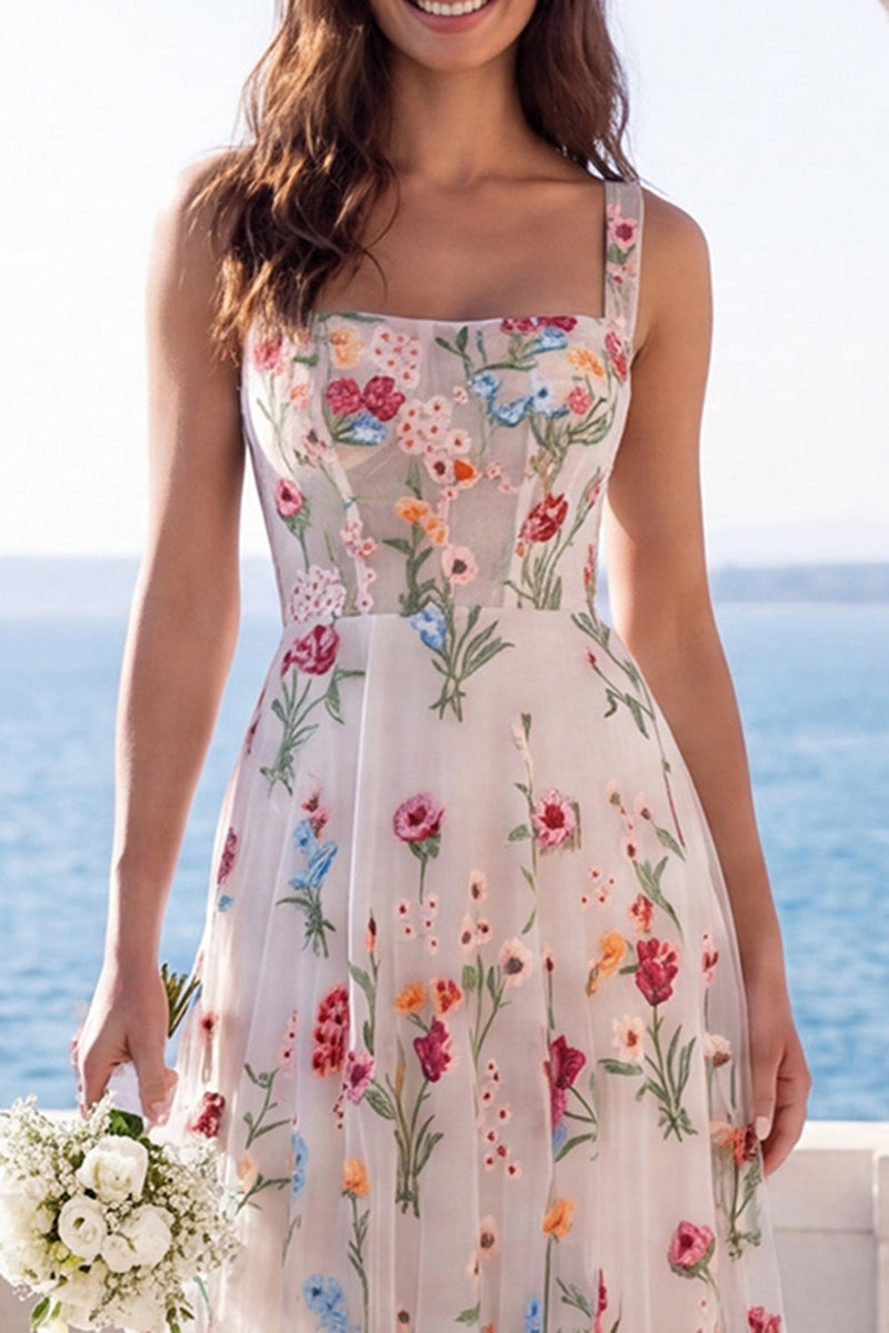 Load image into Gallery viewer, Thick Straps Ivory Floral Corset A Line Sweep Train Boho Wedding Dress