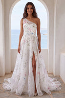 Load image into Gallery viewer, One Shoulder Floral Ruched Ivory A Line Sweep Train Beach Wedding Dress with Slit