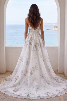 One Shoulder Floral Ruched Ivory A Line Sweep Train Beach Wedding Dress with Slit
