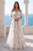 Load image into Gallery viewer, A Line Off the Shoulder Floral Ivory Sweep Train Beach Wedding Dress with Ruffles