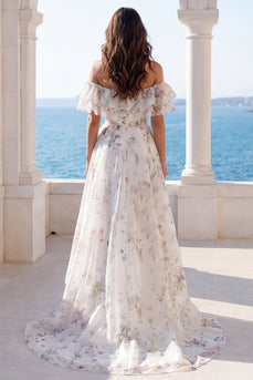 A Line Off the Shoulder Floral Ivory Sweep Train Beach Wedding Dress with Ruffles