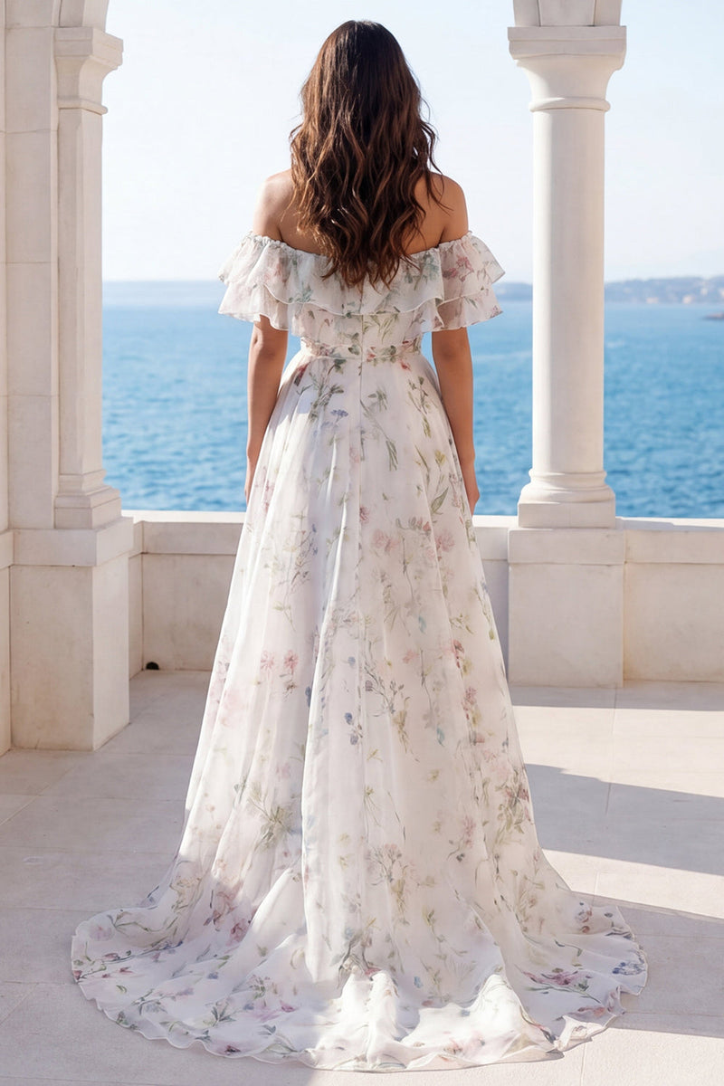 Load image into Gallery viewer, A Line Off the Shoulder Floral Ivory Sweep Train Beach Wedding Dress with Ruffles