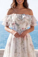 Load image into Gallery viewer, A Line Off the Shoulder Floral Ivory Sweep Train Beach Wedding Dress with Ruffles