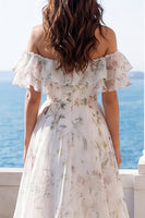 Load image into Gallery viewer, A Line Off the Shoulder Floral Ivory Sweep Train Beach Wedding Dress with Ruffles