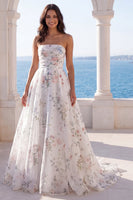 Load image into Gallery viewer, Strapless Ruched Ivory Floral A Line Beach Sweep Train Wedding Dress