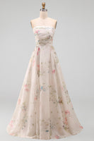 Load image into Gallery viewer, Strapless Ruched Ivory Floral A Line Beach Sweep Train Wedding Dress