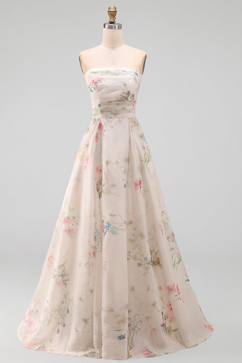Load image into Gallery viewer, Strapless Ruched Ivory Floral A Line Beach Sweep Train Wedding Dress