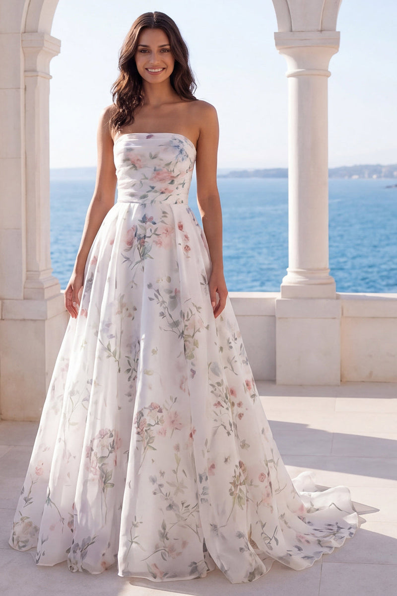 Load image into Gallery viewer, Strapless Ruched Ivory Floral A Line Beach Sweep Train Wedding Dress