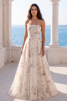 Load image into Gallery viewer, Strapless Ruched Ivory Floral A Line Beach Sweep Train Wedding Dress