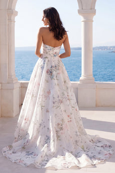 Strapless Ruched Ivory Floral A Line Beach Sweep Train Wedding Dress