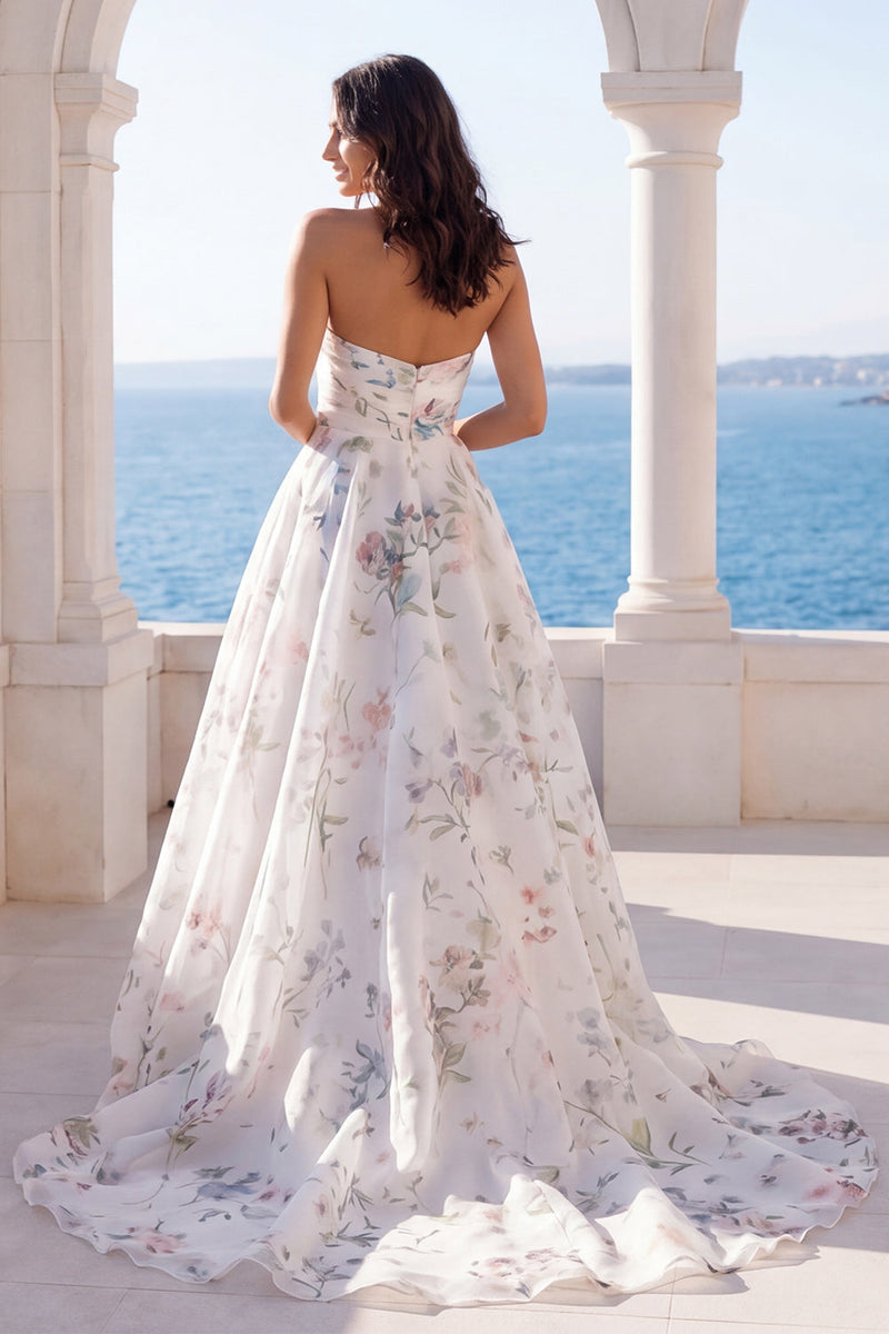 Load image into Gallery viewer, Strapless Ruched Ivory Floral A Line Beach Sweep Train Wedding Dress