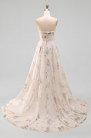 Load image into Gallery viewer, Strapless Ruched Ivory Floral A Line Beach Sweep Train Wedding Dress