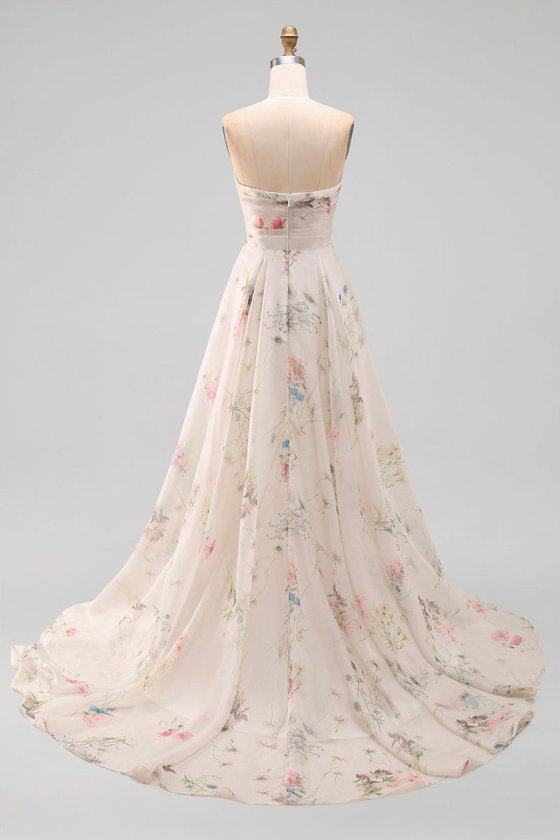 Load image into Gallery viewer, Strapless Ruched Ivory Floral A Line Beach Sweep Train Wedding Dress