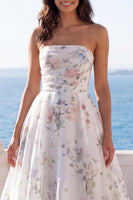 Load image into Gallery viewer, Strapless Ruched Ivory Floral A Line Beach Sweep Train Wedding Dress