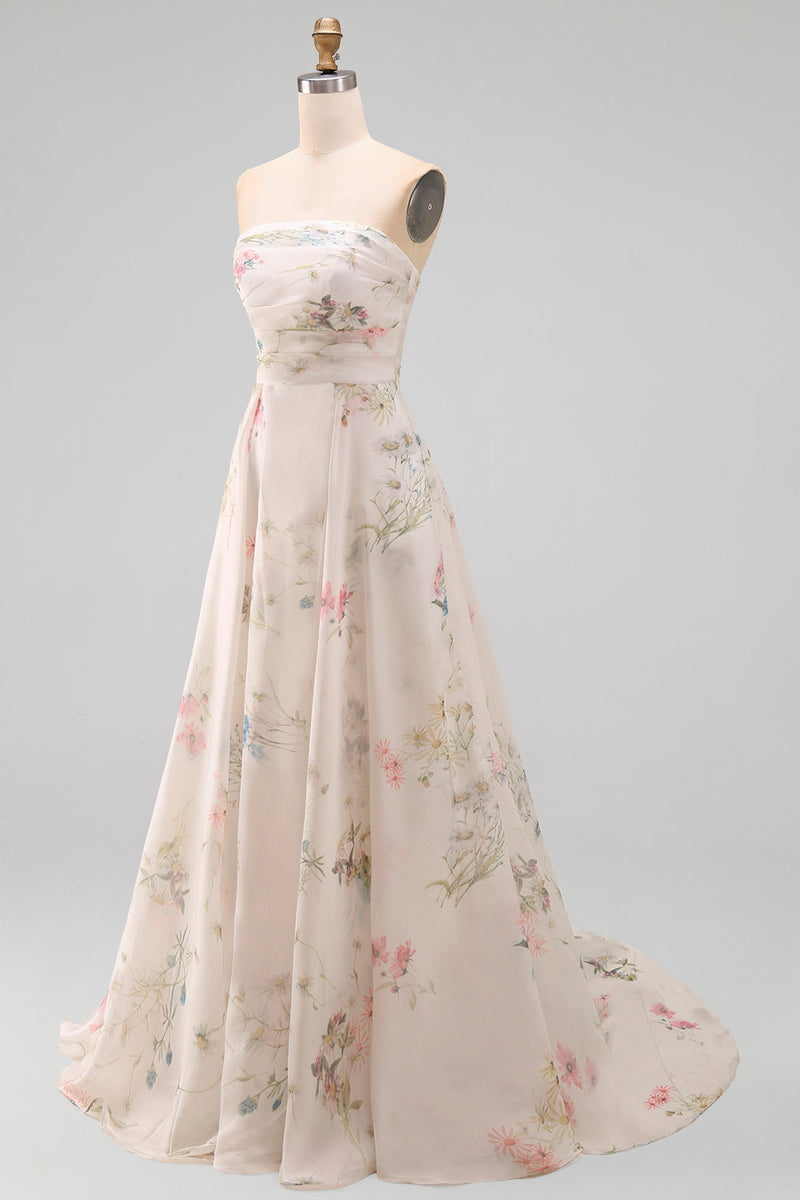 Load image into Gallery viewer, Strapless Ruched Ivory Floral A Line Beach Sweep Train Wedding Dress