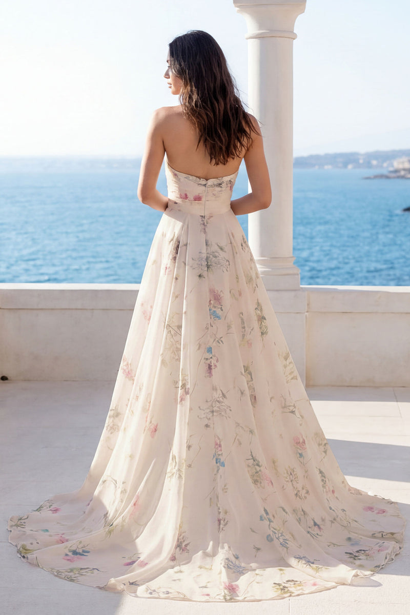 Load image into Gallery viewer, Strapless Ruched Ivory Floral A Line Beach Sweep Train Wedding Dress