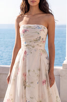 Load image into Gallery viewer, Strapless Ruched Ivory Floral A Line Beach Sweep Train Wedding Dress
