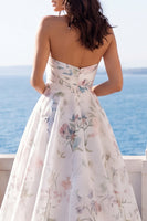 Load image into Gallery viewer, Strapless Ruched Ivory Floral A Line Beach Sweep Train Wedding Dress