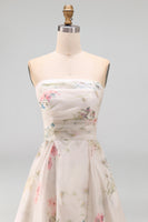 Load image into Gallery viewer, Strapless Ruched Ivory Floral A Line Beach Sweep Train Wedding Dress