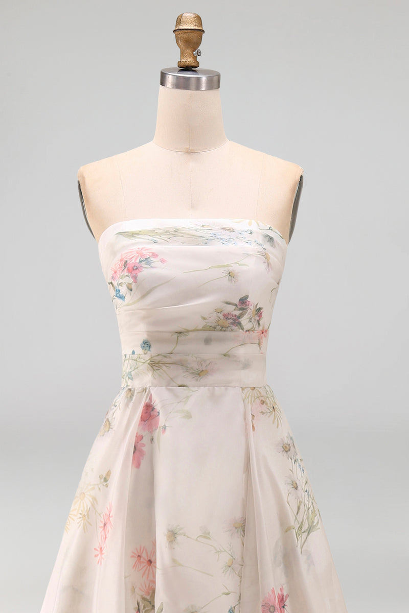 Load image into Gallery viewer, Strapless Ruched Ivory Floral A Line Beach Sweep Train Wedding Dress