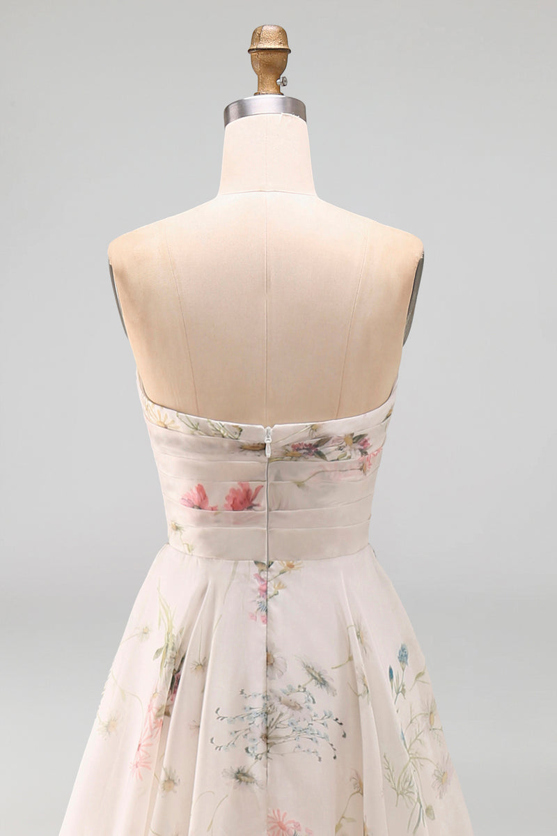 Load image into Gallery viewer, Strapless Ruched Ivory Floral A Line Beach Sweep Train Wedding Dress