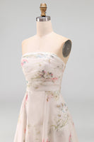 Load image into Gallery viewer, Strapless Ruched Ivory Floral A Line Beach Sweep Train Wedding Dress