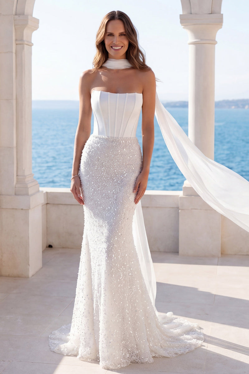 Load image into Gallery viewer, Corset Strapless Sparkly Ivory Mermaid Beaded Sweep Train Wedding Dress