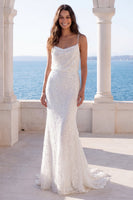 Load image into Gallery viewer, Spaghetti Straps Sparkly Sequin Ivory Mermaid Sweep Train Wedding Dress