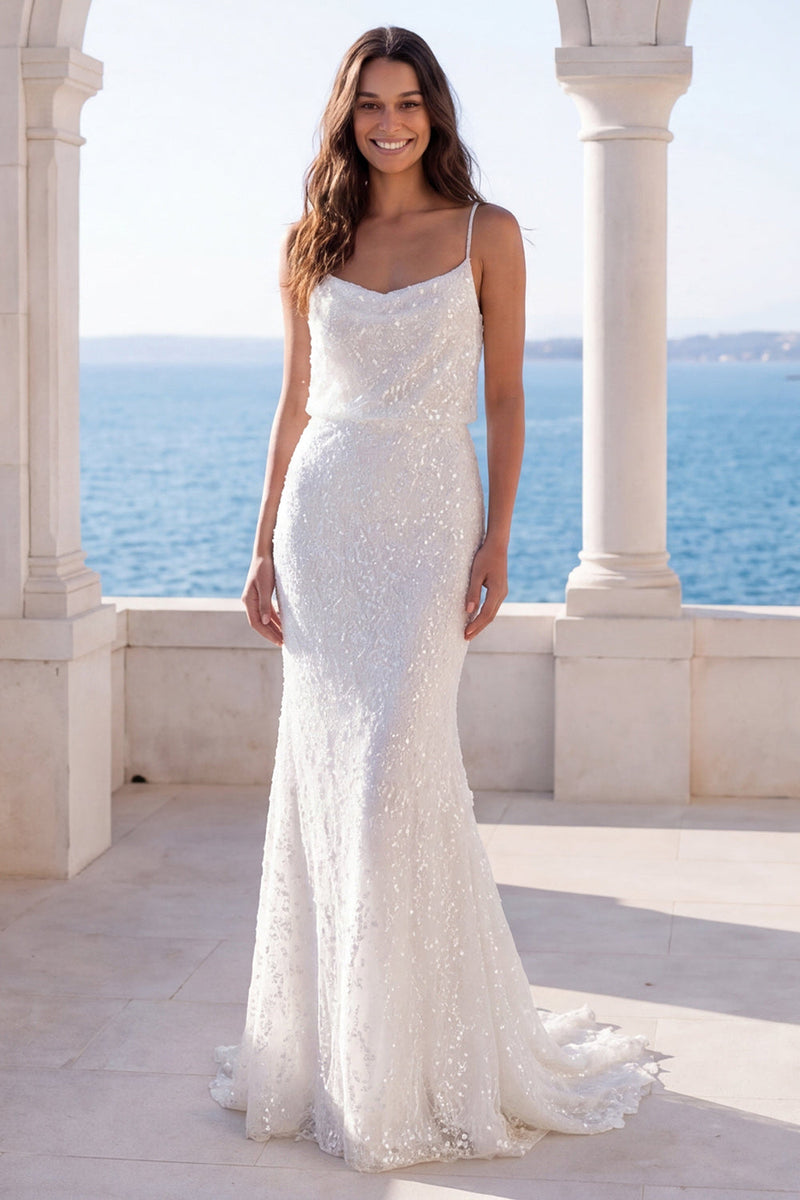 Load image into Gallery viewer, Spaghetti Straps Sparkly Sequin Ivory Mermaid Sweep Train Wedding Dress