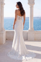 Load image into Gallery viewer, Spaghetti Straps Sparkly Sequin Ivory Mermaid Sweep Train Wedding Dress
