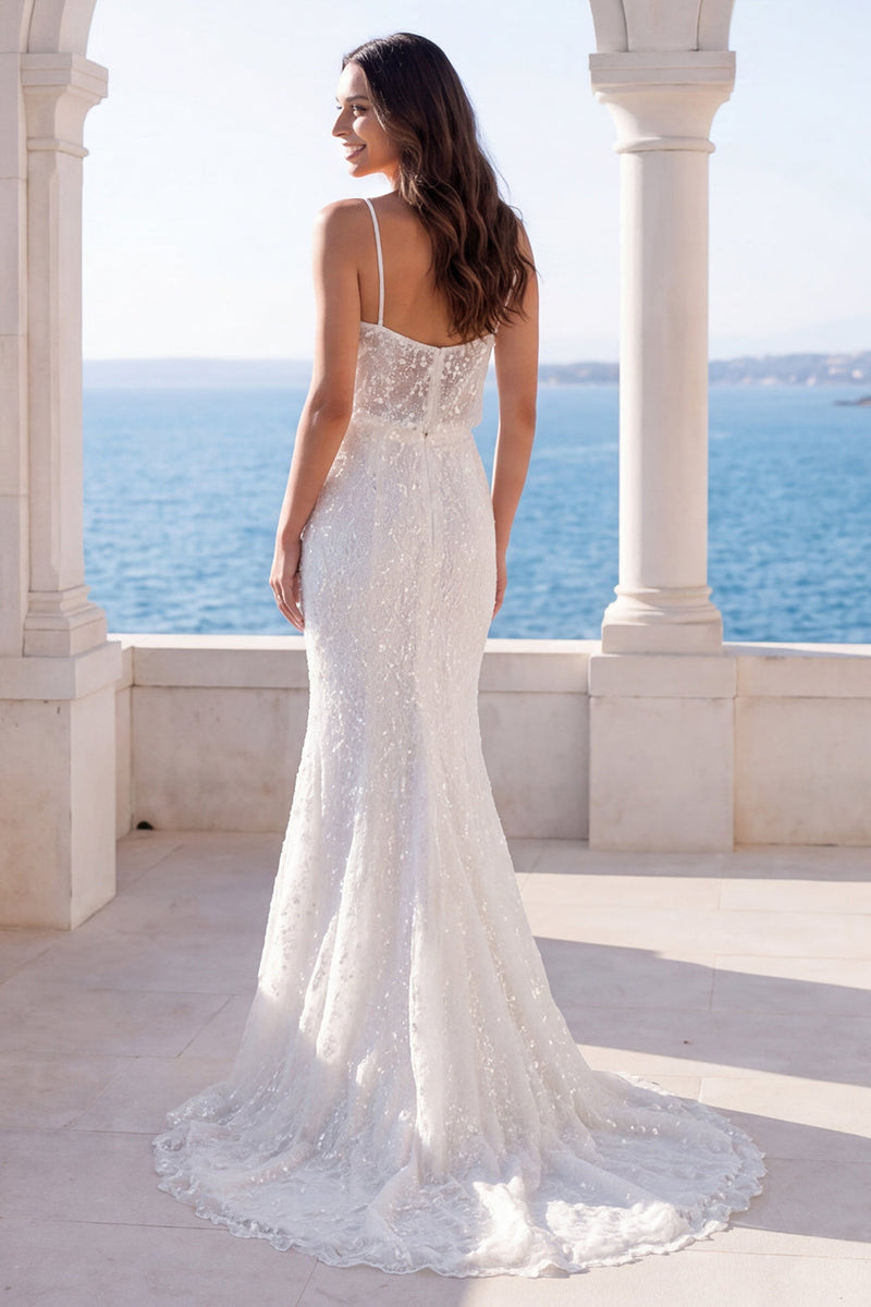 Load image into Gallery viewer, Spaghetti Straps Sparkly Sequin Ivory Mermaid Sweep Train Wedding Dress