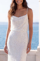 Load image into Gallery viewer, Spaghetti Straps Sparkly Sequin Ivory Mermaid Sweep Train Wedding Dress