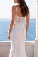 Load image into Gallery viewer, Spaghetti Straps Sparkly Sequin Ivory Mermaid Sweep Train Wedding Dress