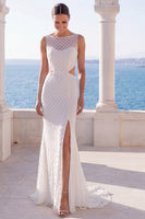 Load image into Gallery viewer, Sparkly Cut Out Ivory Mermaid Sweep Train Wedding Dress with Slit