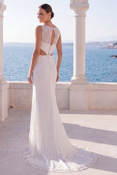 Sparkly Cut Out Ivory Mermaid Sweep Train Wedding Dress with Slit