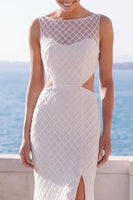 Load image into Gallery viewer, Sparkly Cut Out Ivory Mermaid Sweep Train Wedding Dress with Slit
