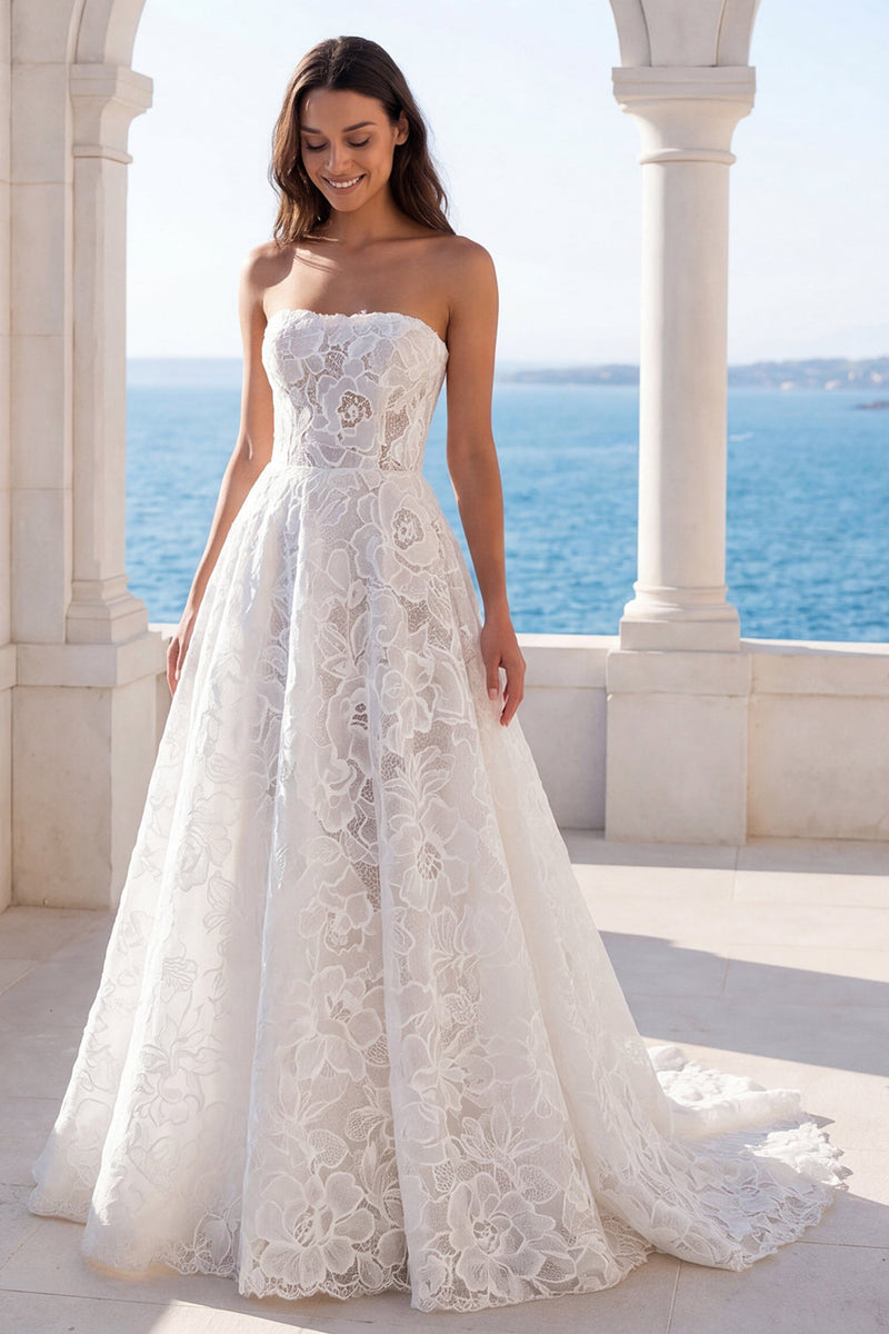 Load image into Gallery viewer, Ivory Strapless Lace Floral A Line Sweep Train Boho Wedding Dress