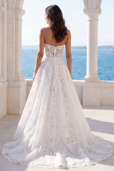 Ivory Strapless Lace Floral A Line Sweep Train Boho Wedding Dress