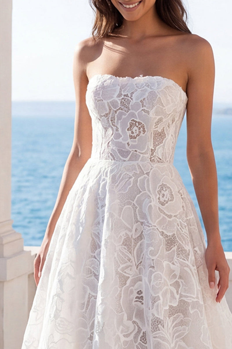 Load image into Gallery viewer, Ivory Strapless Lace Floral A Line Sweep Train Boho Wedding Dress