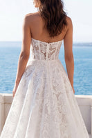 Load image into Gallery viewer, Ivory Strapless Lace Floral A Line Sweep Train Boho Wedding Dress