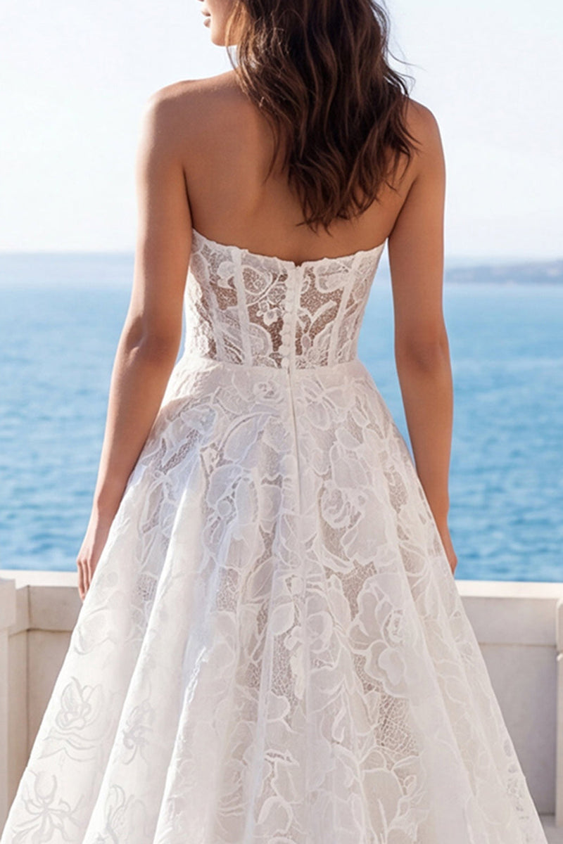 Load image into Gallery viewer, Ivory Strapless Lace Floral A Line Sweep Train Boho Wedding Dress