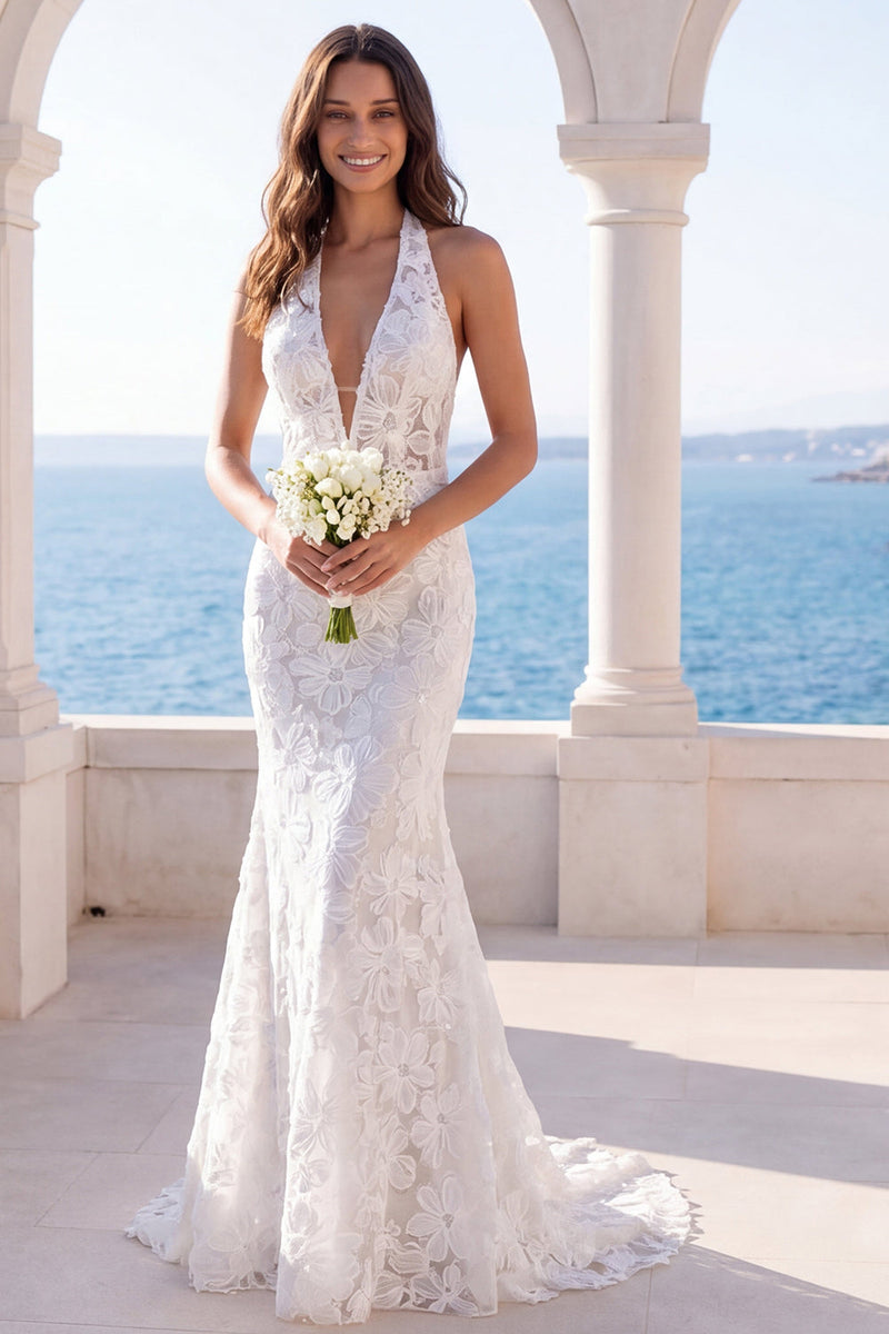 Load image into Gallery viewer, Mermaid Ivory Floral Halter Backless Lace Sweep Train Wedding Dress
