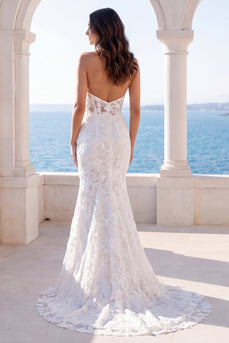Mermaid Ivory Floral Halter Backless Lace Sweep Train Wedding Dress