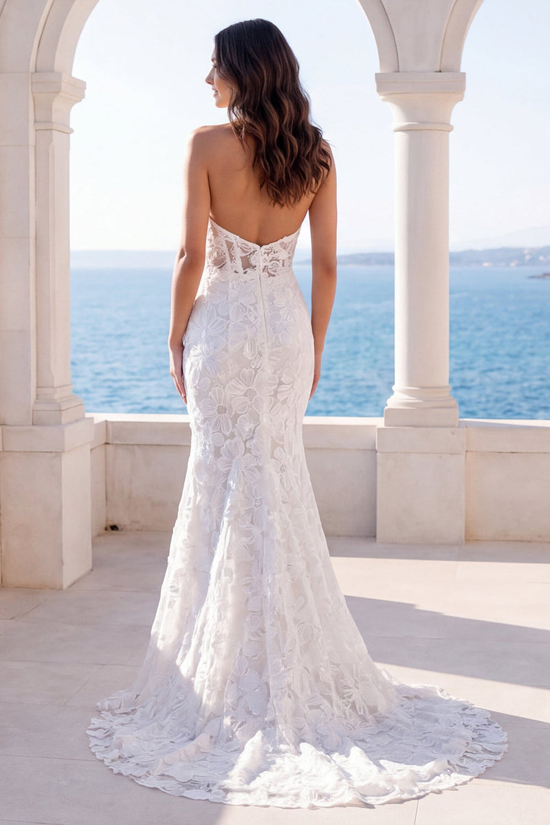 Load image into Gallery viewer, Mermaid Ivory Floral Halter Backless Lace Sweep Train Wedding Dress