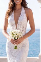 Load image into Gallery viewer, Mermaid Ivory Floral Halter Backless Lace Sweep Train Wedding Dress